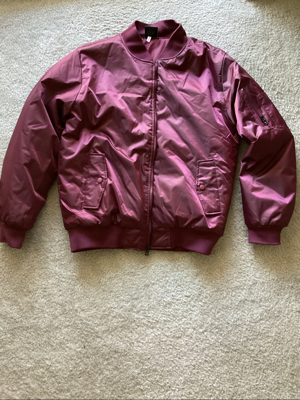 Burgundy Satin Bomber Jacket - Women’s Size Large or Men’s Size Small